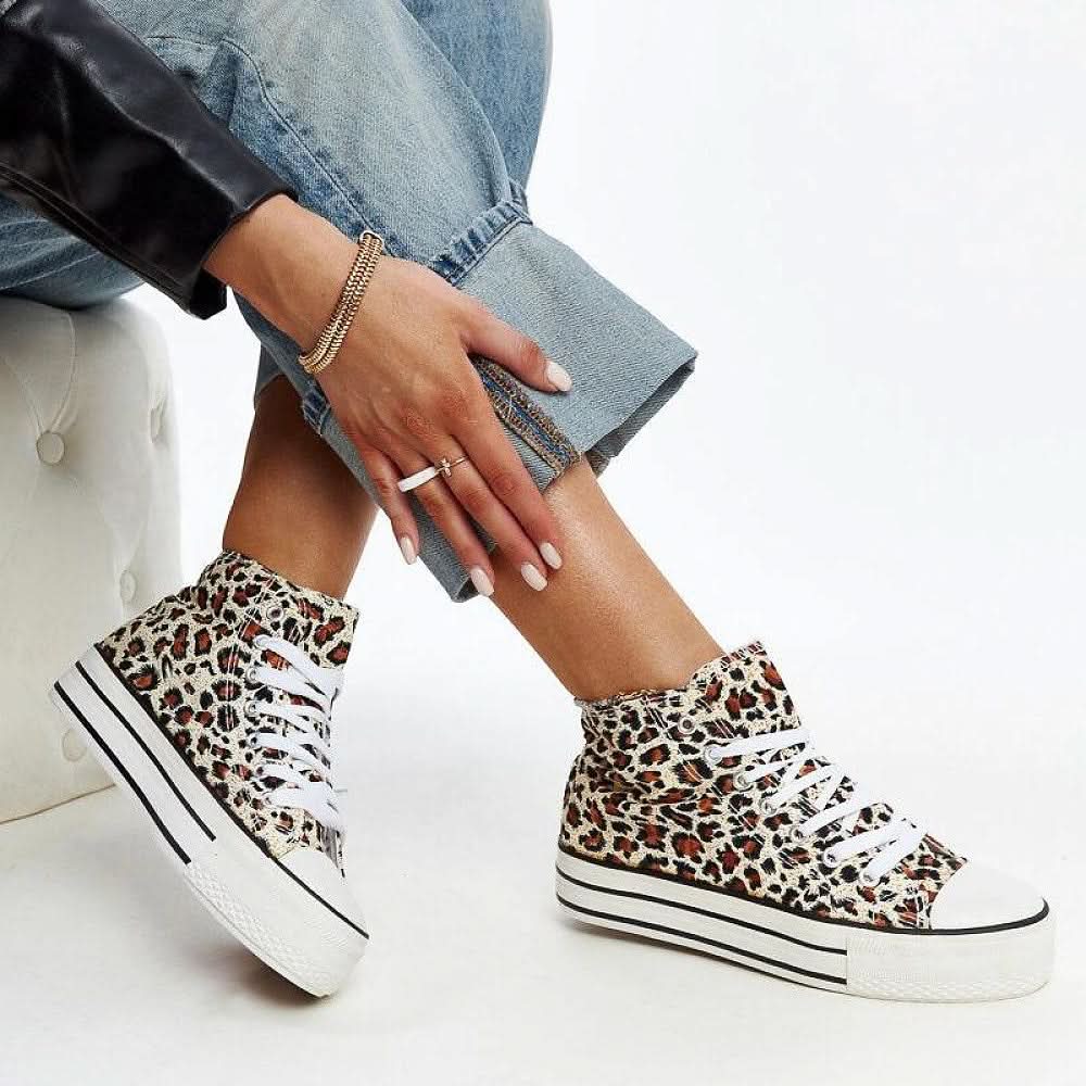 Orange High-top sneakers in leopard print with a thick sole sneakers ~