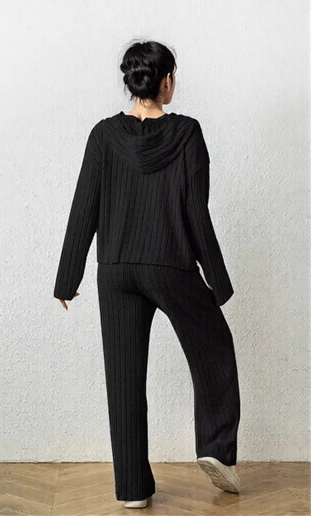 Ribbed Drawstring Hoodie and Pants Set