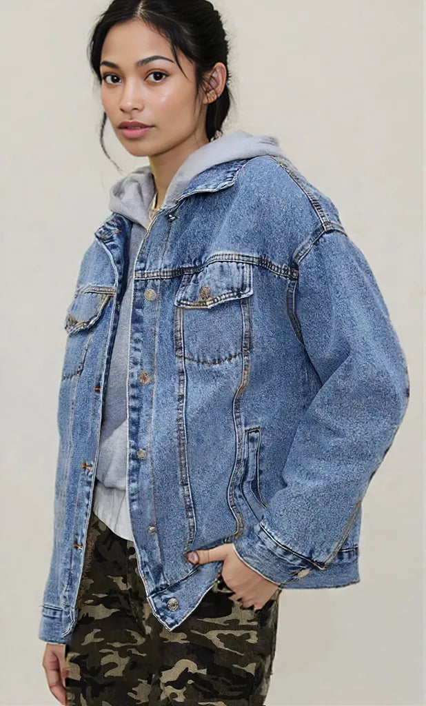 Button Up Collared Neck Long Sleeve Denim Jacket