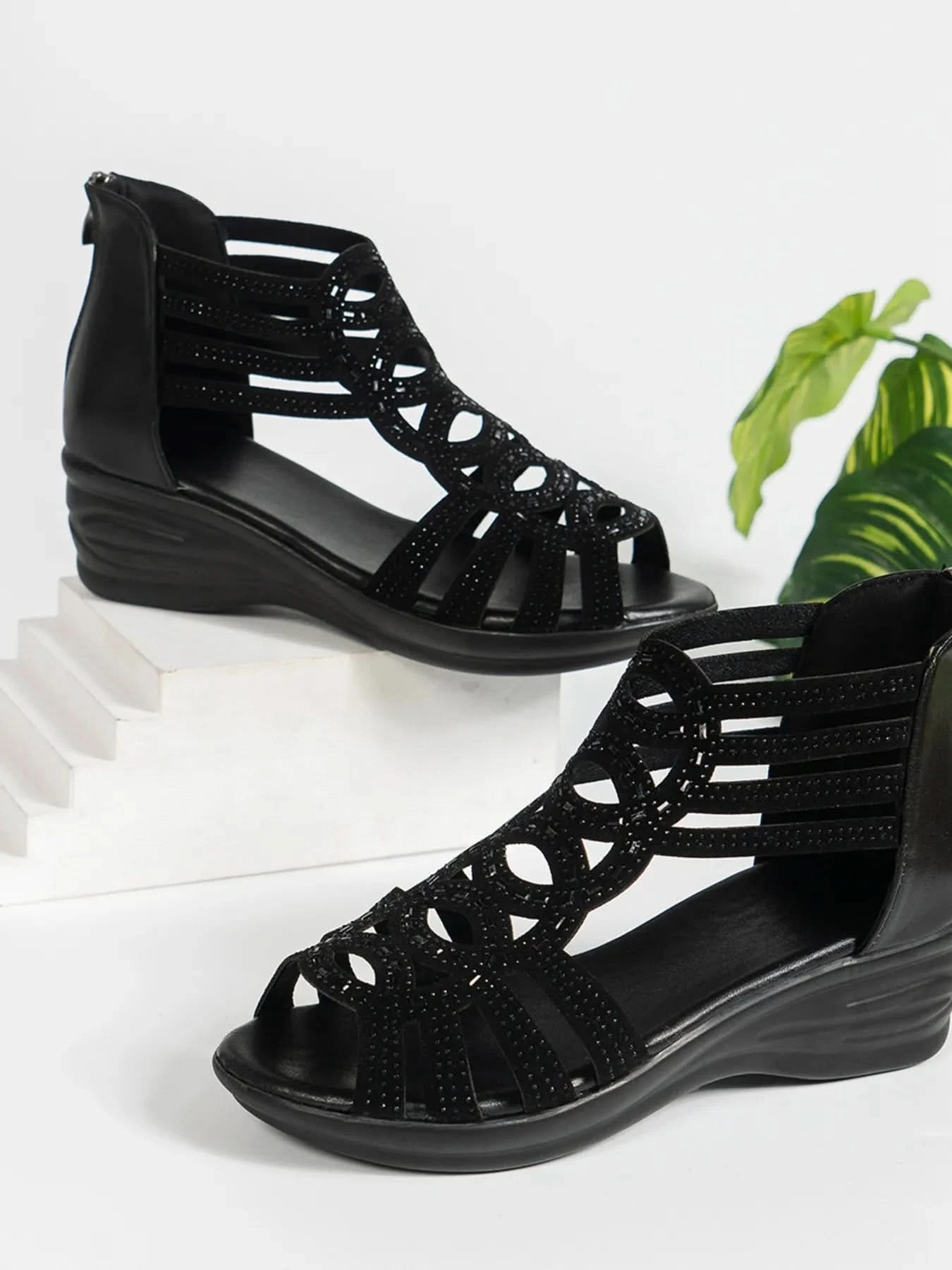Strappy Wedge Sandals with Rhinestone Details Black