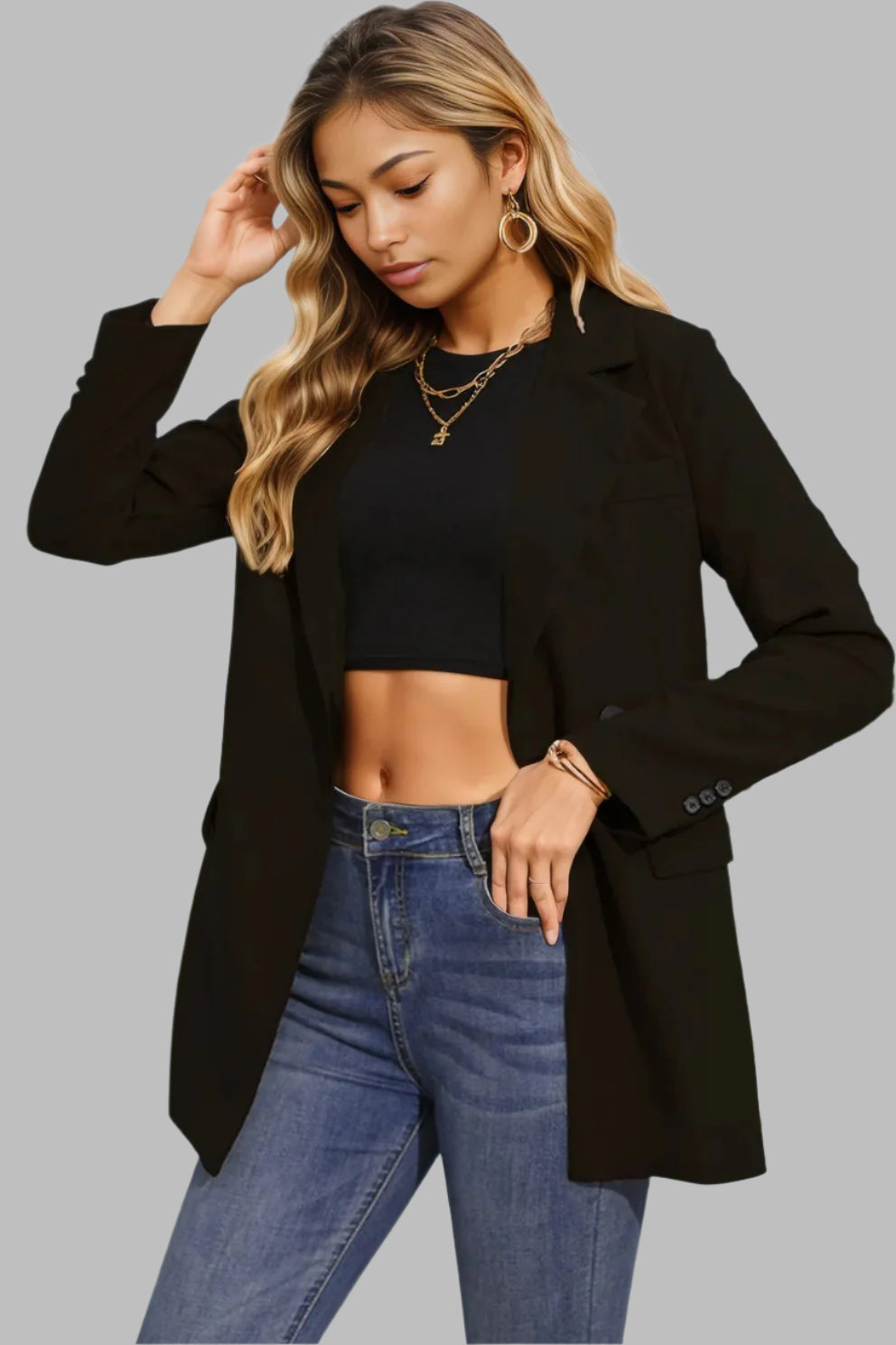 Lapel Neck Long Sleeve Blazer with Pockets