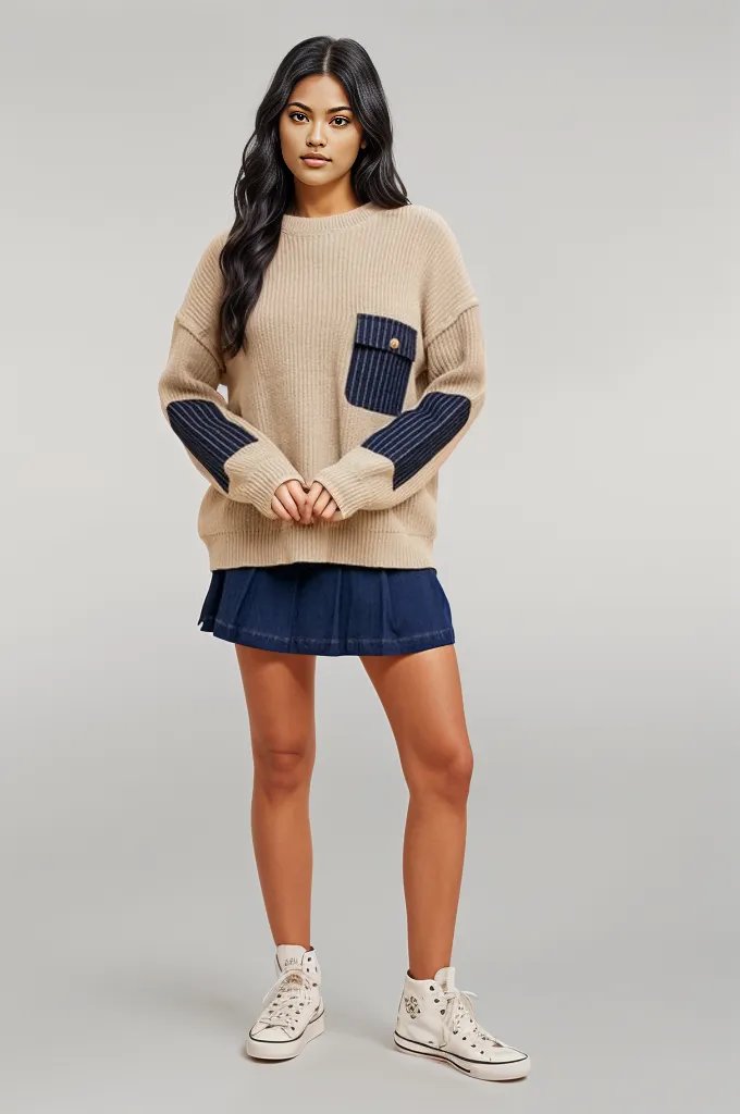 Annie Wear Contrast Round Neck Drop Shoulder Sweater with Patch Pocket