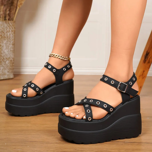 Eyelet Open Toe Platform Wedge Sandals
