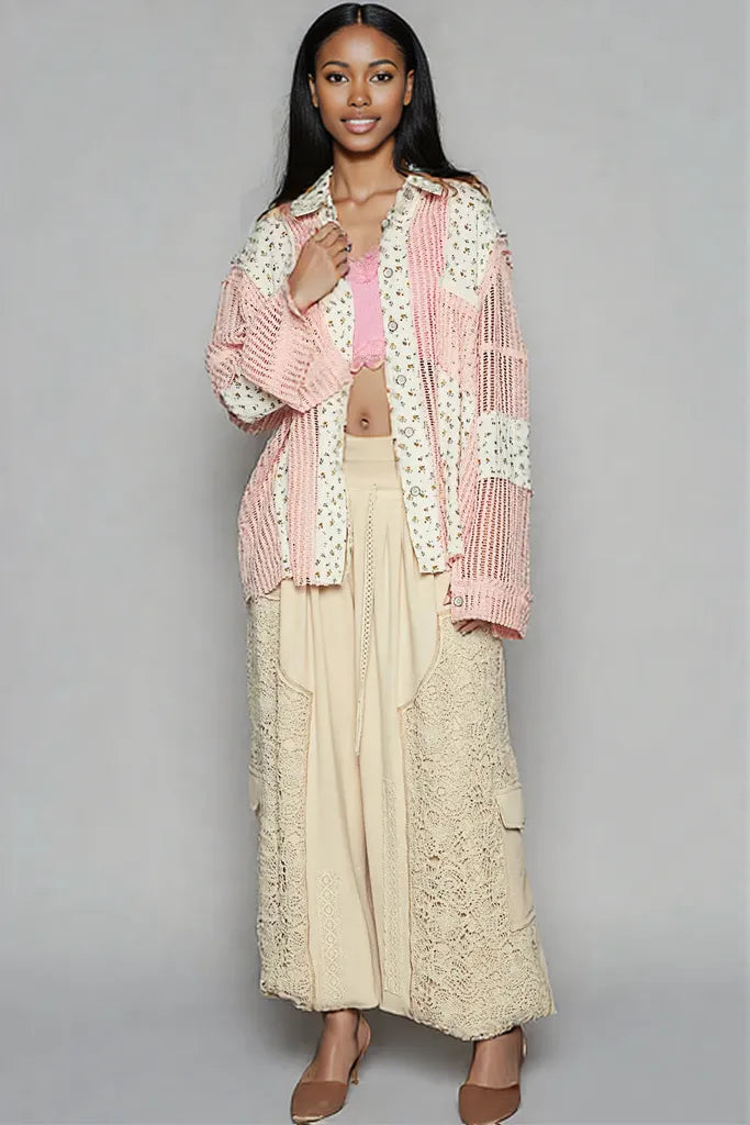 POL Floral Crochet Patchwork Long Sleeve Shirt