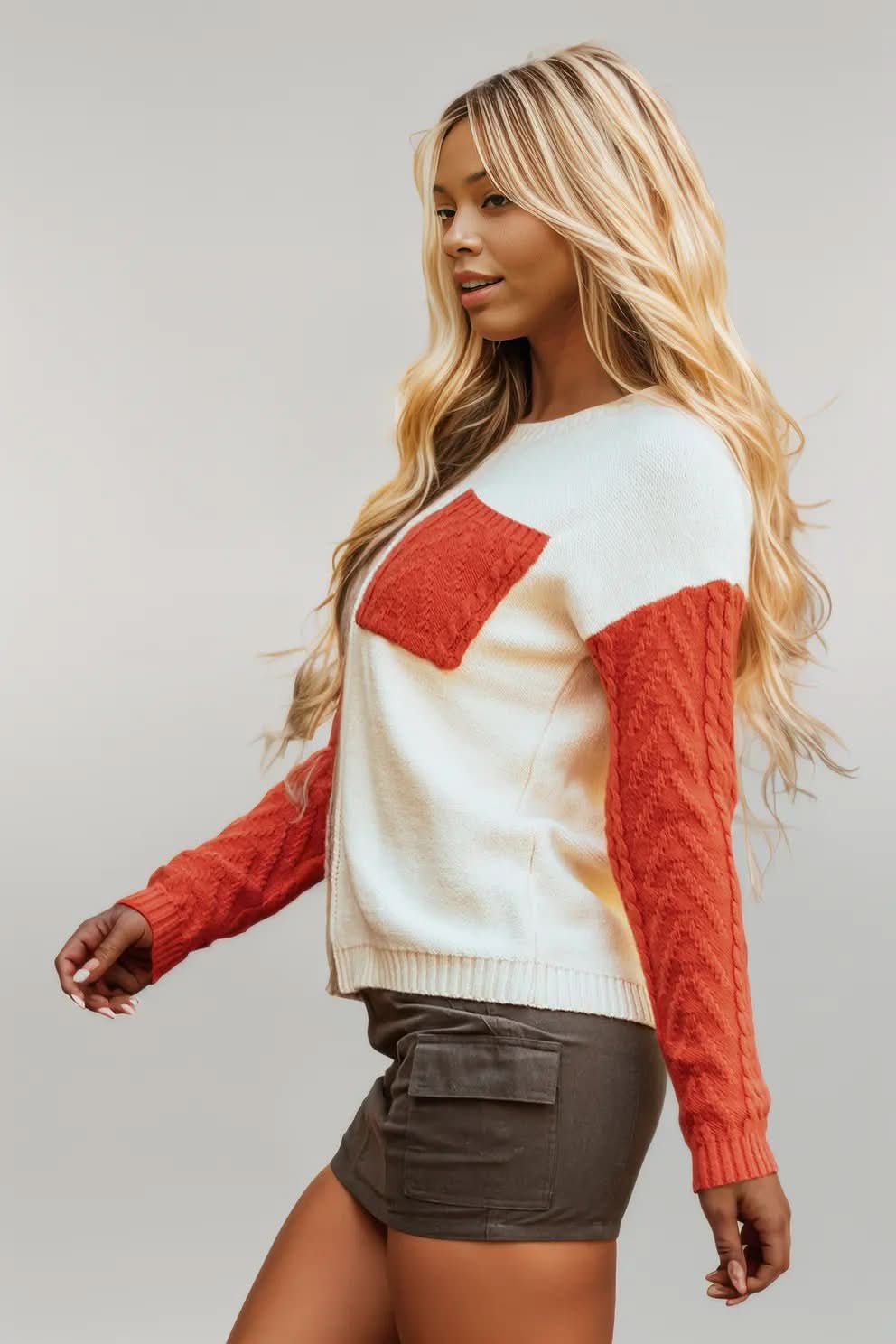 Gold Flame Colorblock Patched Pocket Drop Shoulder Sweater Gold Flame 65%Acrylic+35%Polyamide