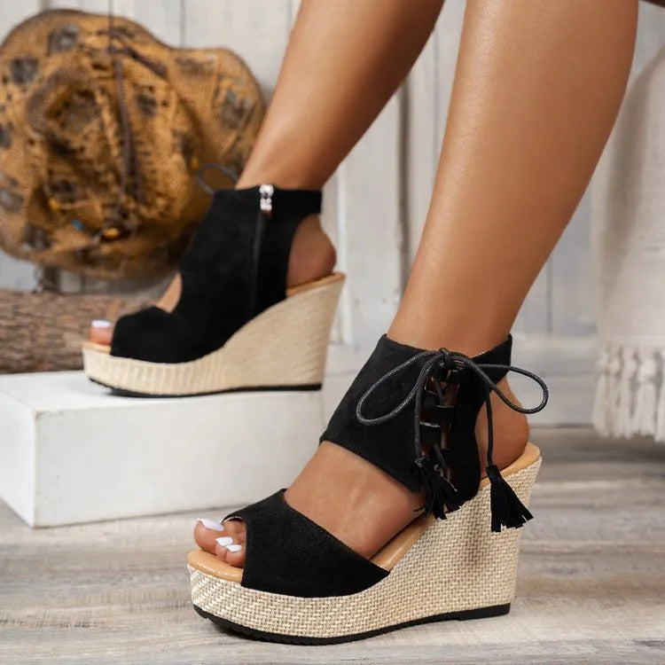 Peep Toe Wedge Sandals Black
