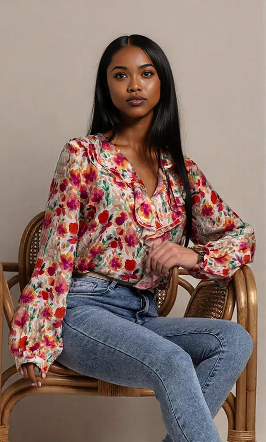 Floral Print Ruffle V-Neck Long Sleeve Blouse
