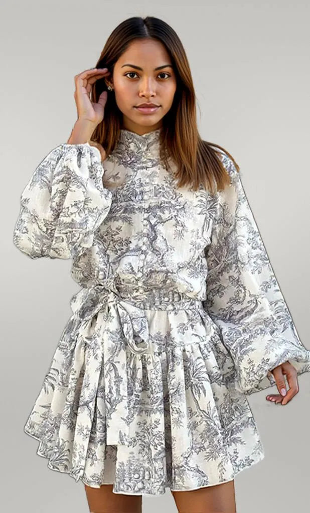 Printed Balloon Sleeve Tie Waist Dress