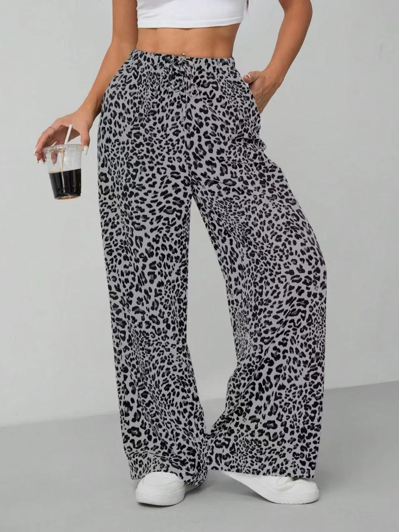 Leopard Print Wide Leg Pants Dark Gray