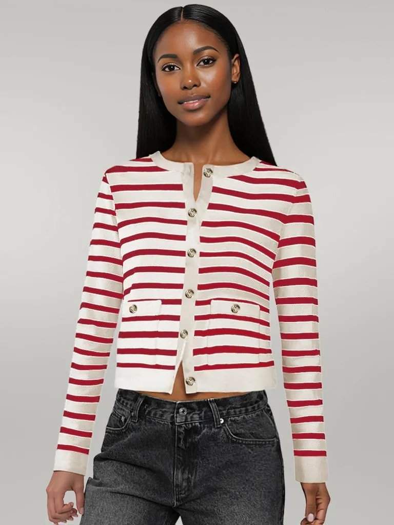 Striped Round Neck Button Up Long Sleeve Cardigan Deep Red