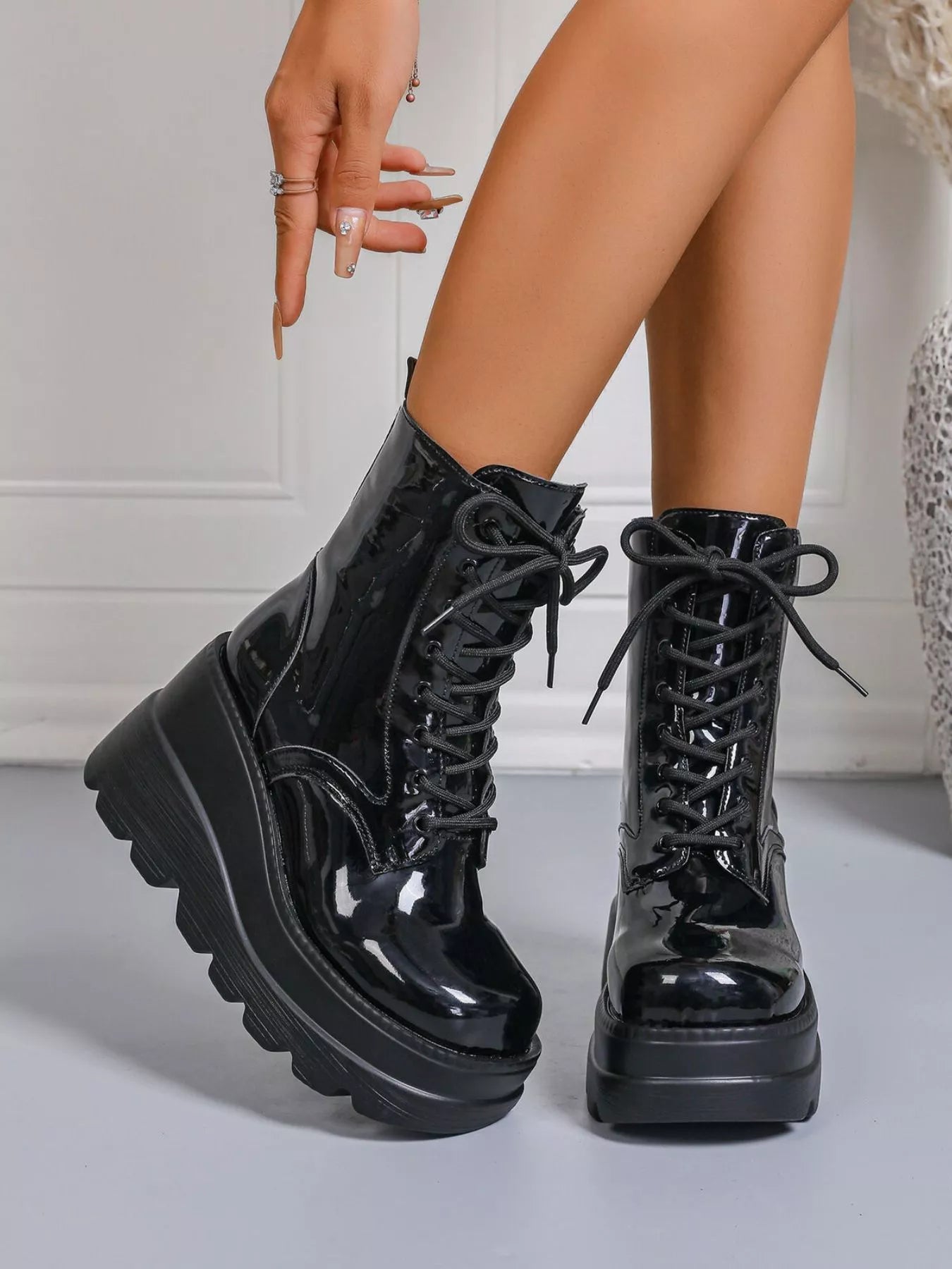Lace Up Wedge Platform Boots