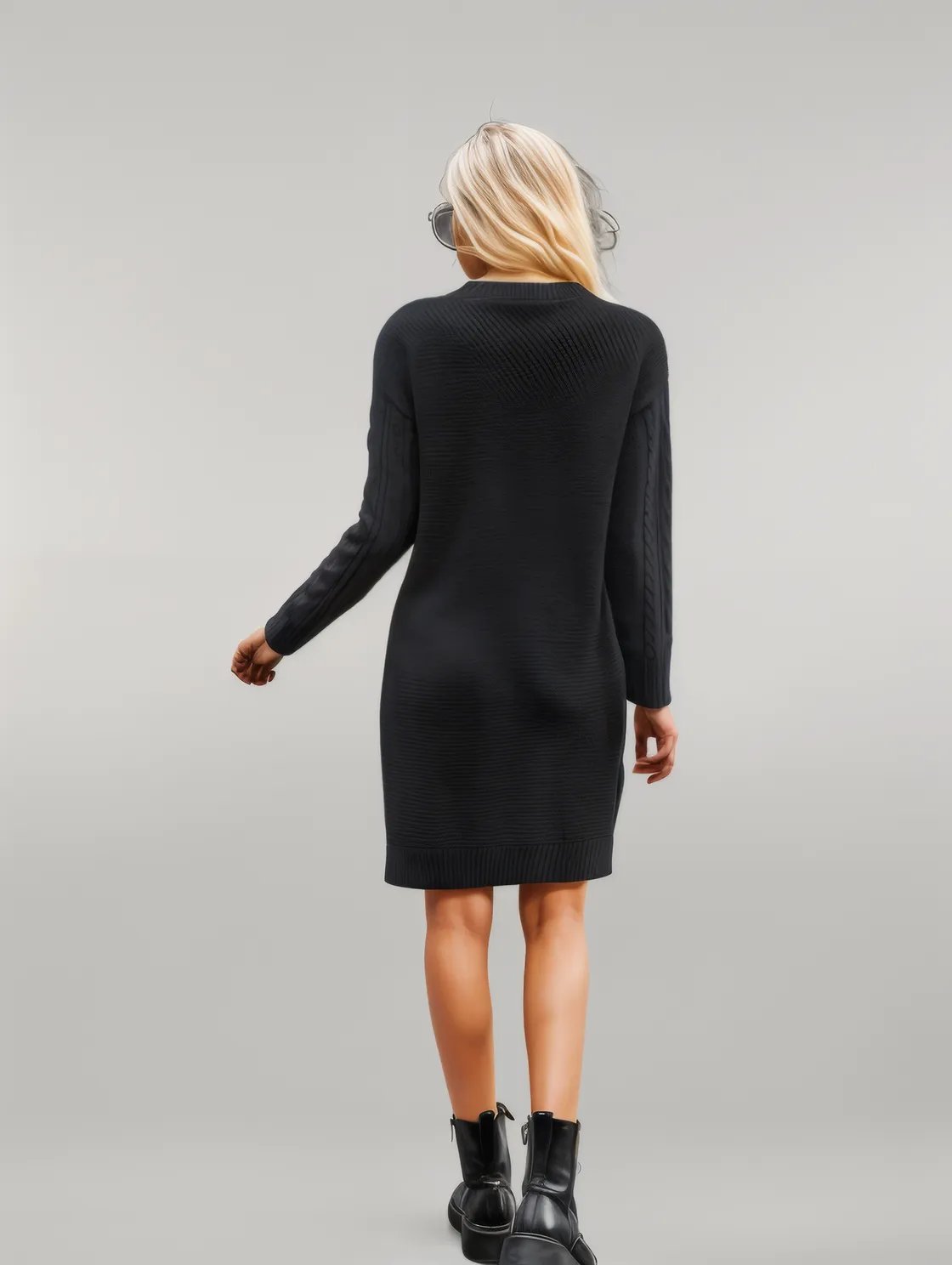 Notched Neck Cable-Knit Slit Sweater Dress