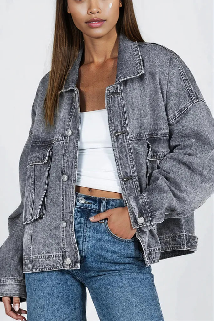 Collared Neck Button Up Denim Jacket Gray