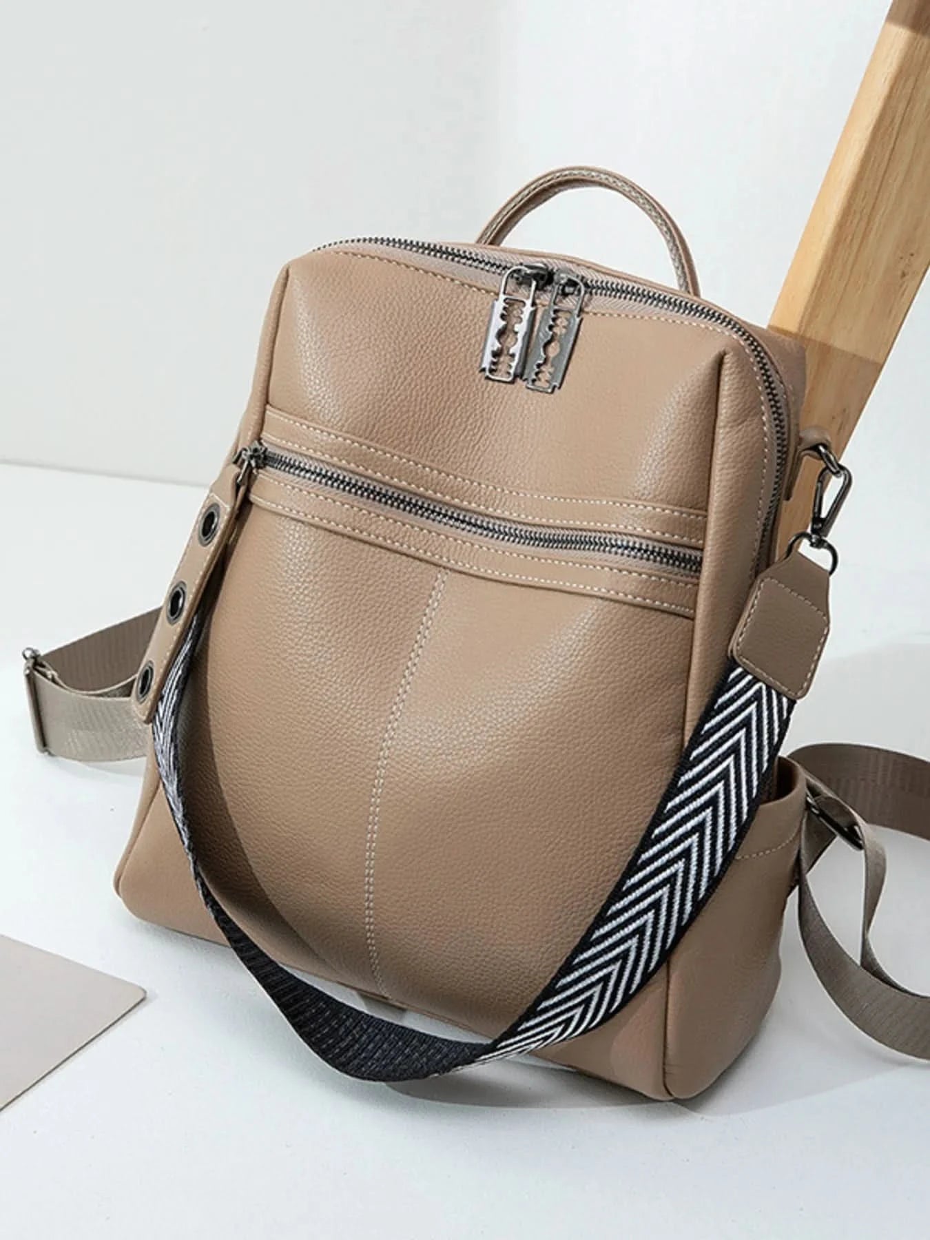 Leather Multi-Compartment Backpack Bag Khaki One Size
