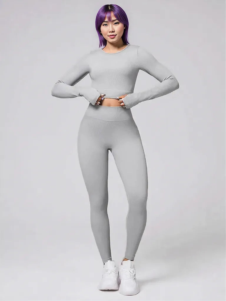 Back Crisscross Round Neck Long Sleeve Top and Leggings Active Set Light Gray