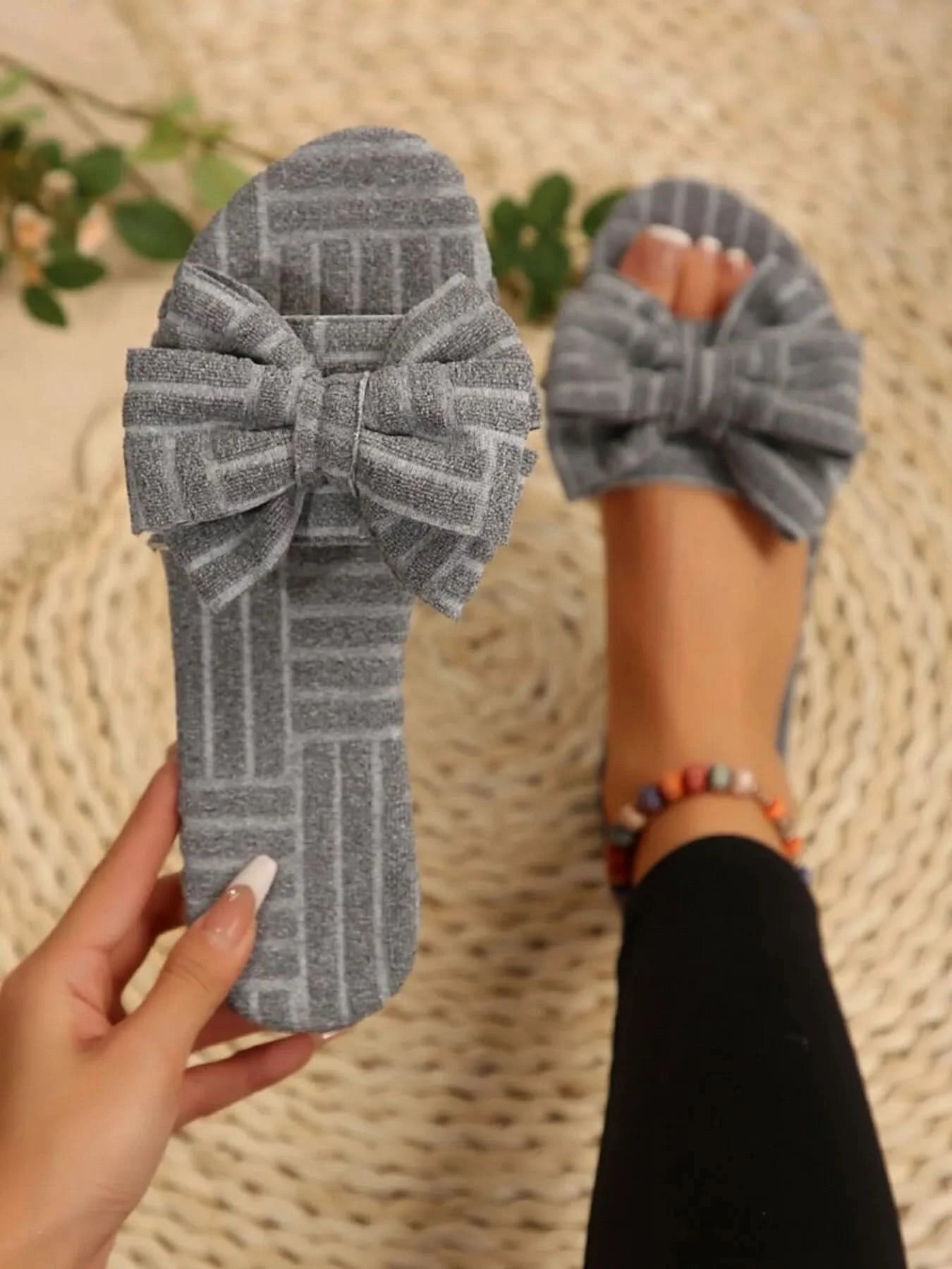 Bow Knot Open Toe Slippers Gray