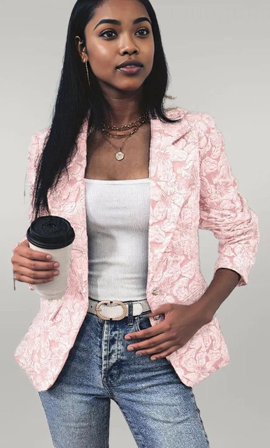 Floral Print Single Button Blazer with Pockets Pink