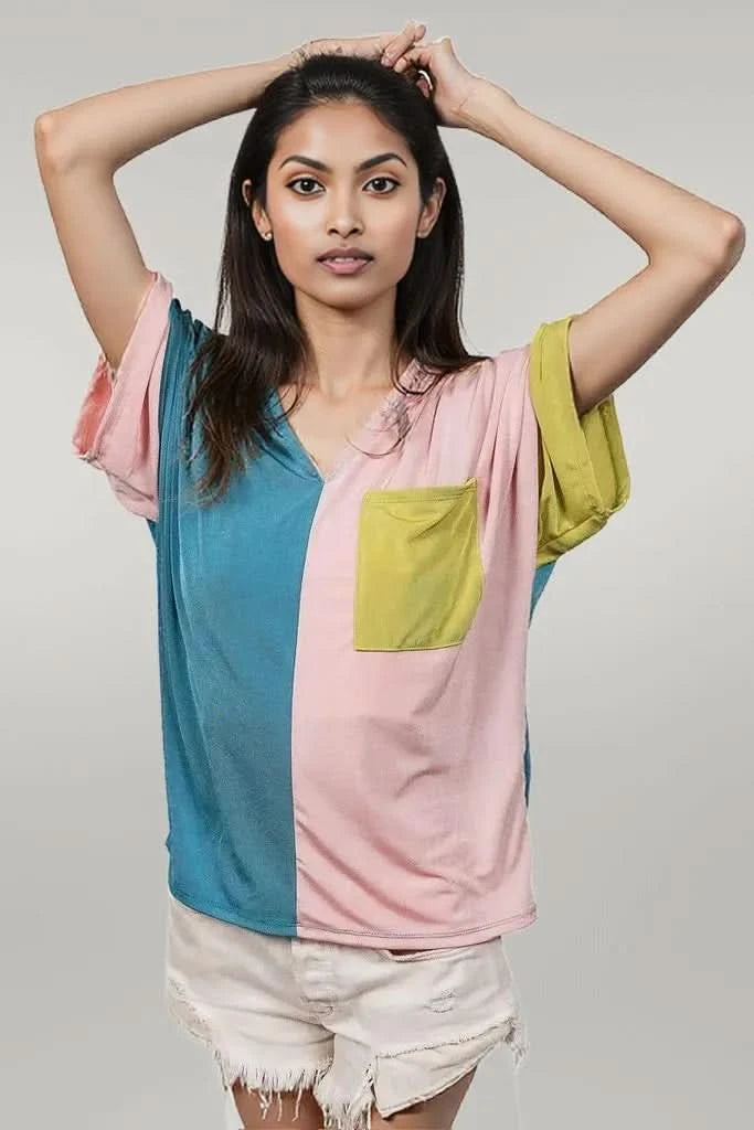 BiBi Slinky Knit Color Block V Neck Front Top
