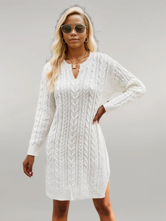 Notched Neck Cable-Knit Slit Sweater Dress White