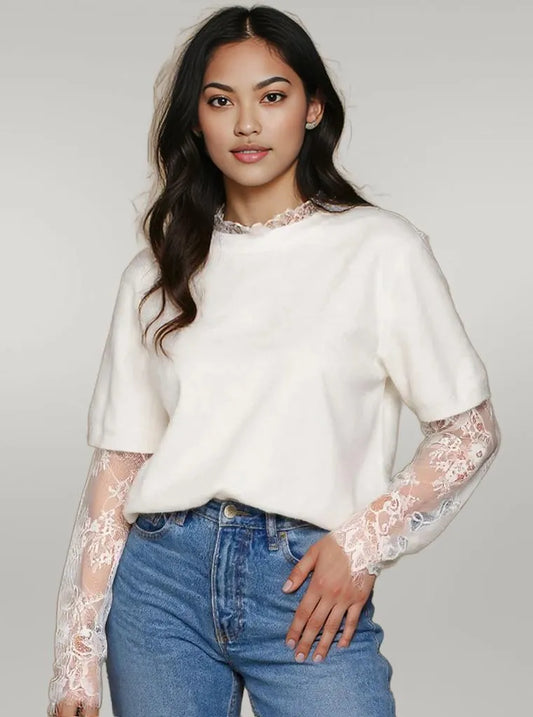 Lace Sleeve Patchwork Faux Two-piece Fuzzy Sweater White