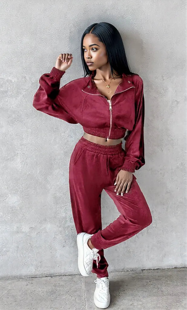 Zip Up Long Sleeve Cropped Top and Joggers Set