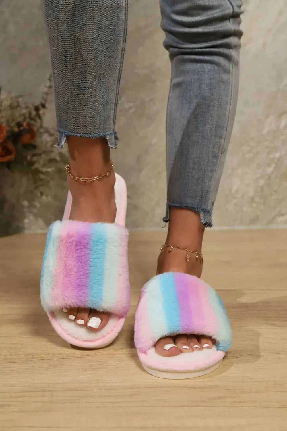 Color Block Open Toe Faux Fur PVC Slippers Pink Multicolor
