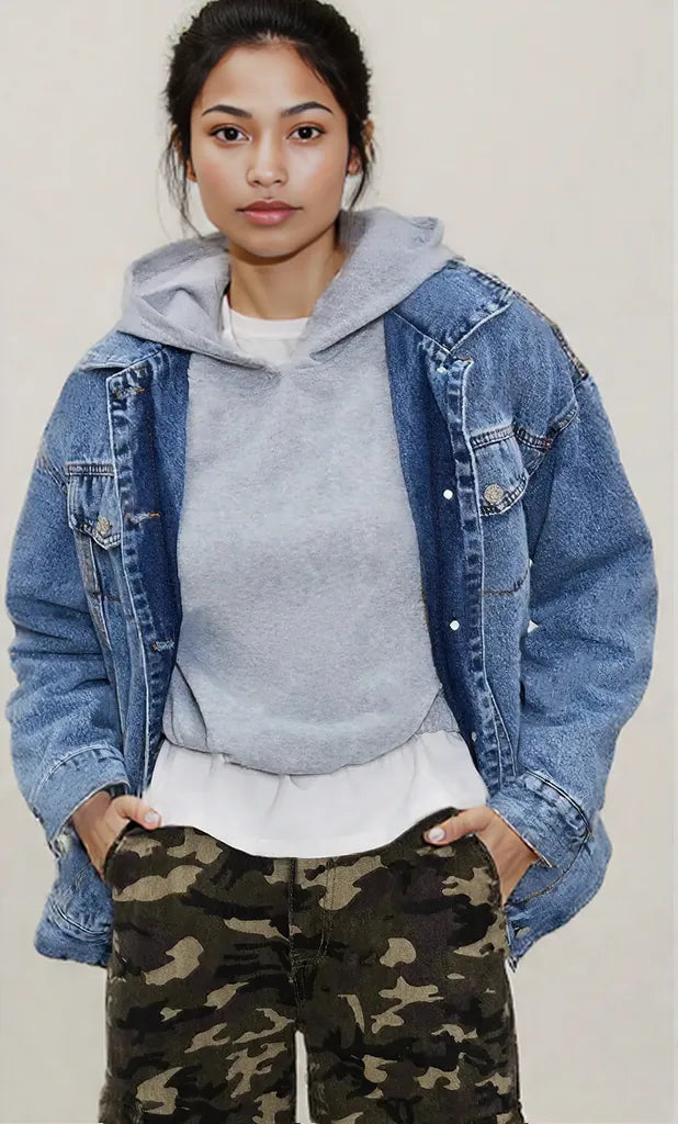 Button Up Collared Neck Long Sleeve Denim Jacket