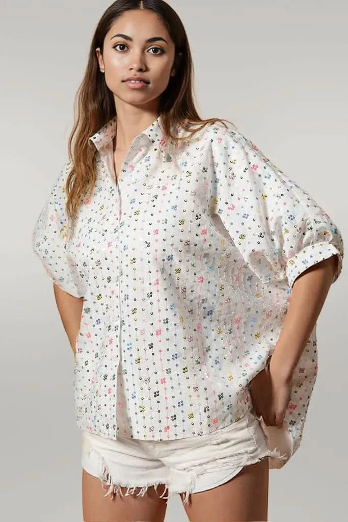 BiBi Sequin Striped Short Dolman Sleeve Blouse