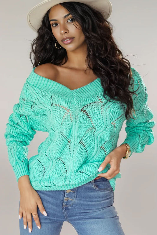 Mint Green Hollow Out Knit V Neck Drop Shoulder Sweater Mint Green 48%Acrylic+42%Polyamide+10%Wool