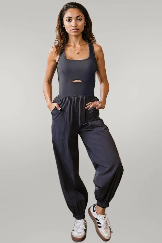 Carbon Grey Back Crossed Straps Hollow Out Jogger Jumpsuit Carbon Grey 75%Polyamide+25%Elastane
