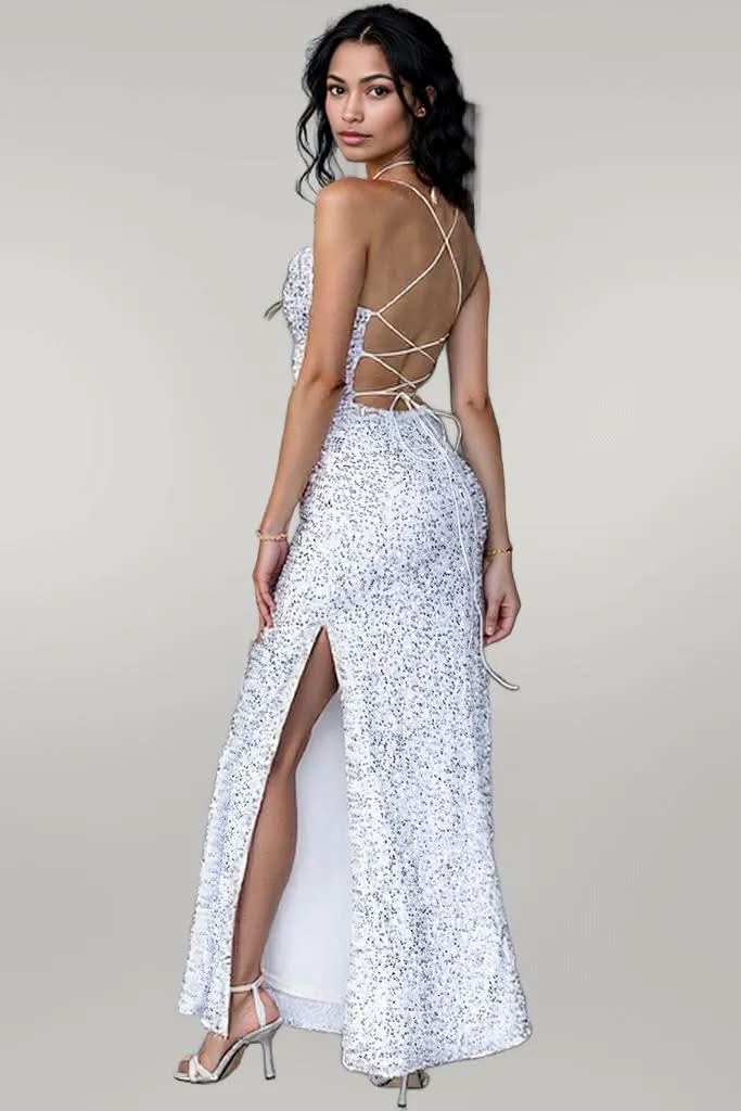 Sequin Backless Split Maxi Dress