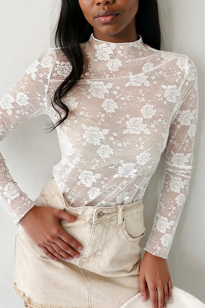 Black Sheer Floral Lace Mesh Mock Neck Long Sleeve Top White 90%Polyamide+10%Elastane
