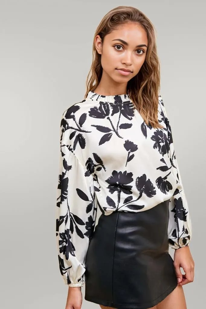 Annie Wear Frill Printed Balloon Sleeve Blouse White