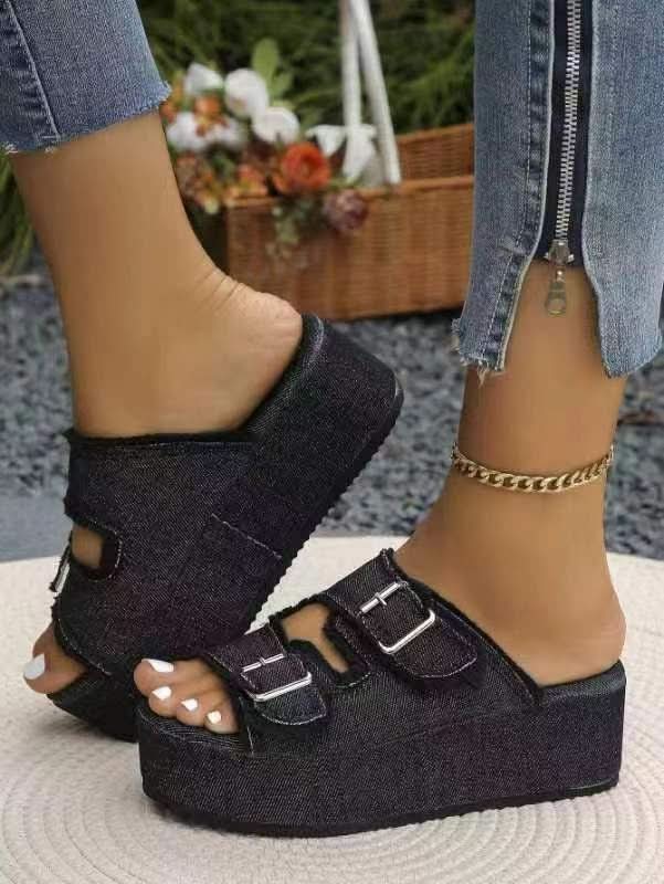 Raw Hem Wedge Buckle Sandals Black