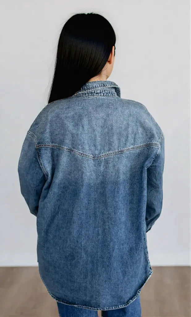 Snap Down Dropped Shoulder Denim Jacket Dark Blue