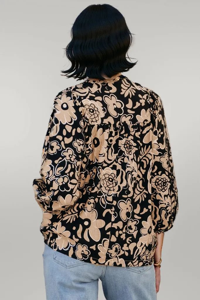 Black Floral Shirred Yoke Bracelet Sleeve Split Neck Boho Blouse