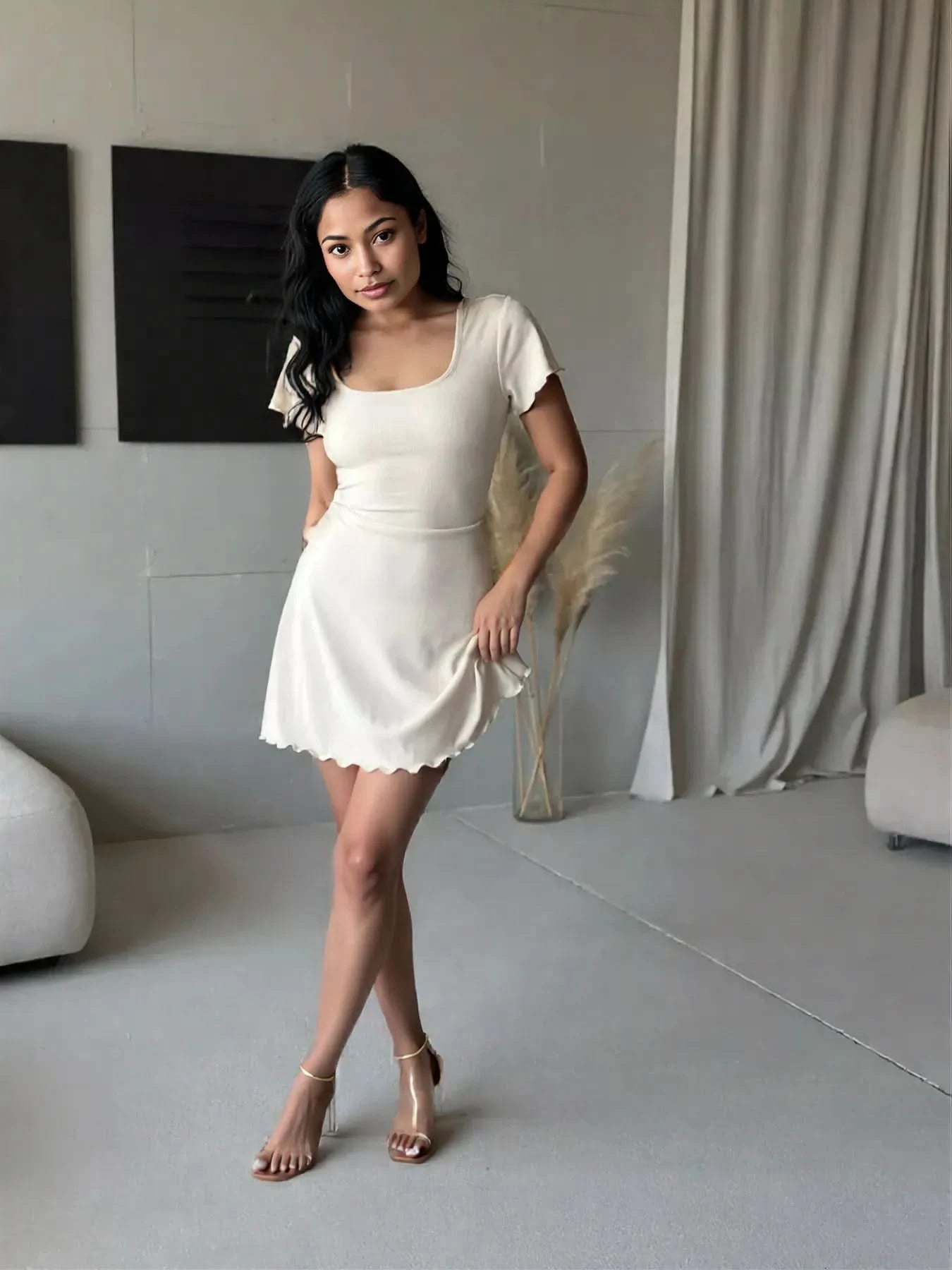 Ribbed Back Lace Up Short Sleeve Mini Dress
