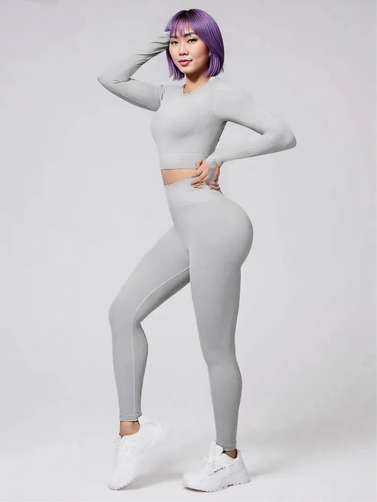 Back Crisscross Round Neck Long Sleeve Top and Leggings Active Set