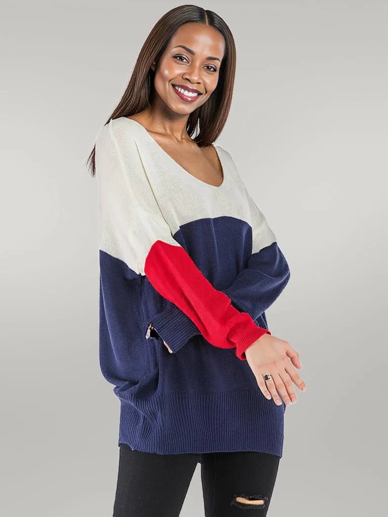 Perfee Contrast V-Neck Long Sleeve Knit Top