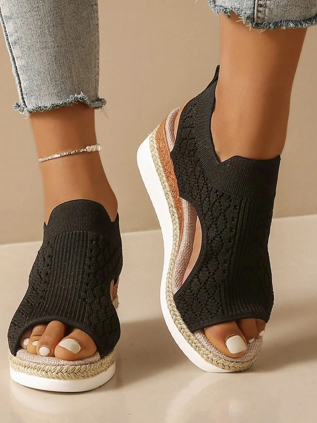 Open Toe Platform Wedge Sandals Black