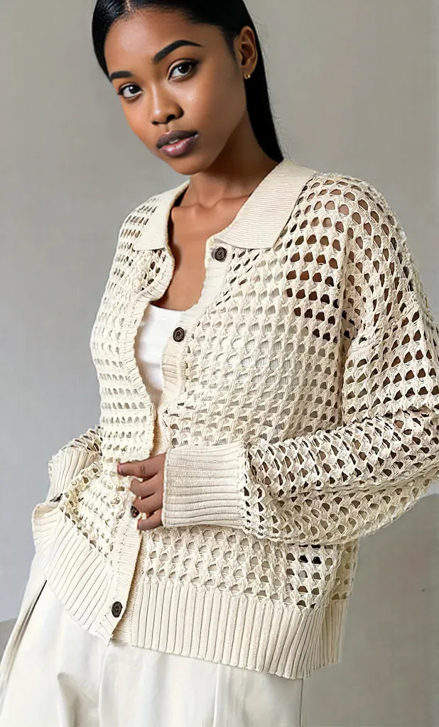Hollow Out Knit Button Front Cardigan