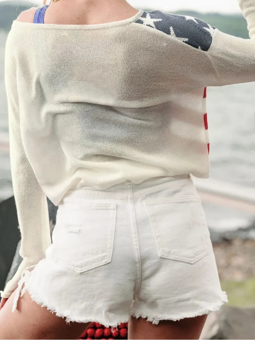 Perfee US Flag Boat Neck Long Sleeve Knit Top