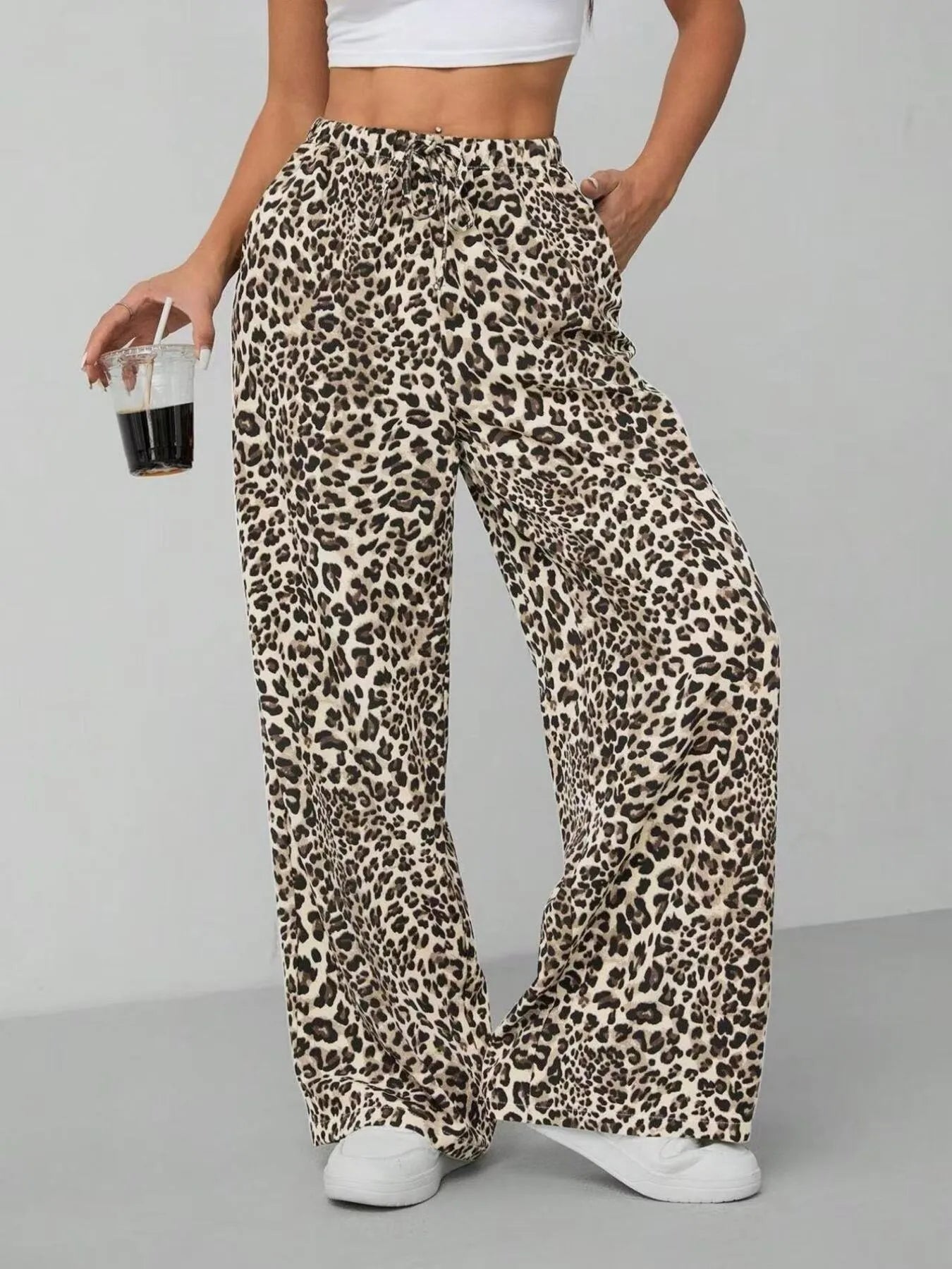 Leopard Print Wide Leg Pants Tan