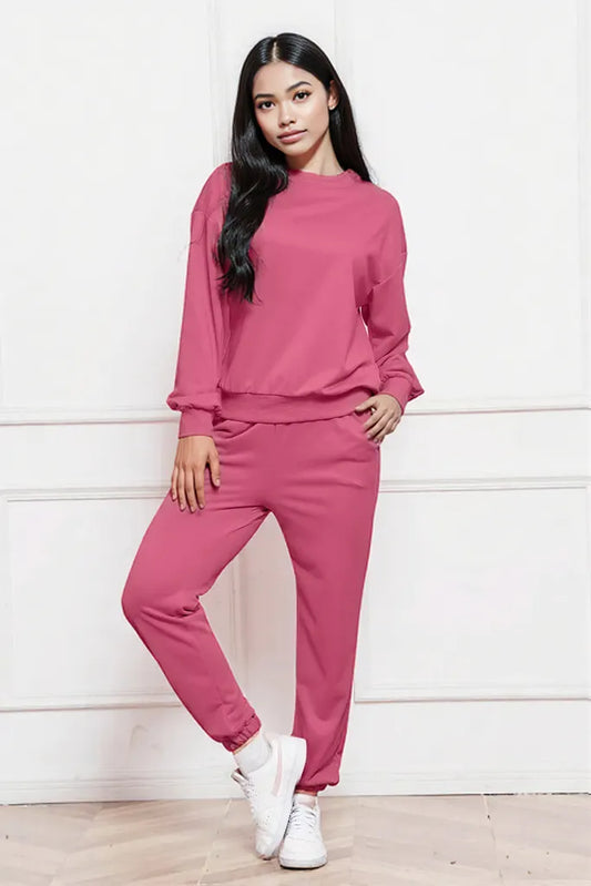 Round Neck Long Sleeve Sweatshirt and Pants Set Hot Pink