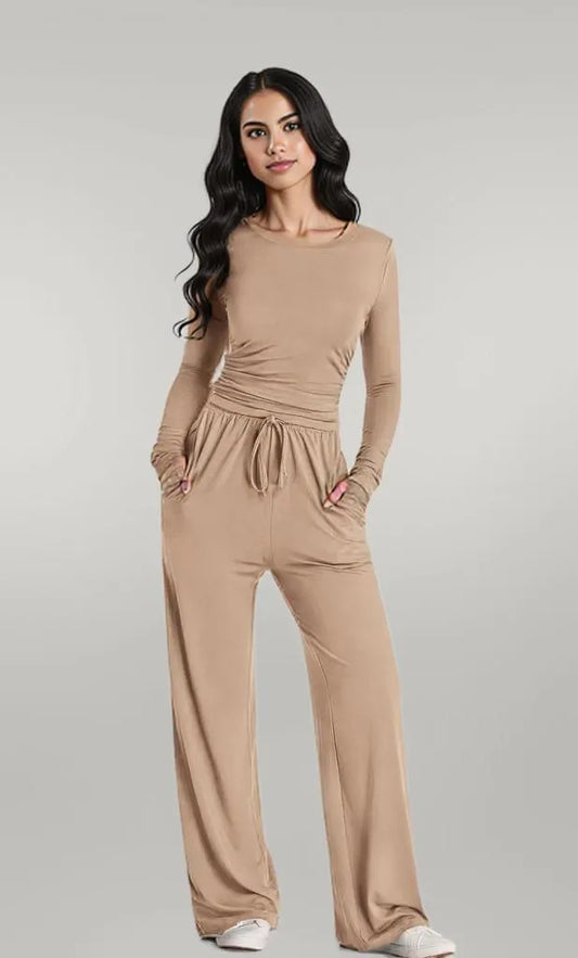 Round Neck Long Sleeve Top and Pants Set Khaki