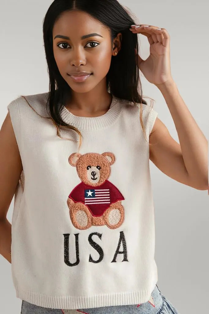 SO ME Teddy Bear Wearing An American Flag With Usa Embroidered Sweater Vest