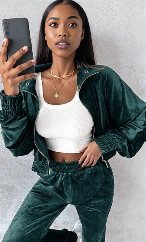 Zip Up Long Sleeve Cropped Top and Joggers Set