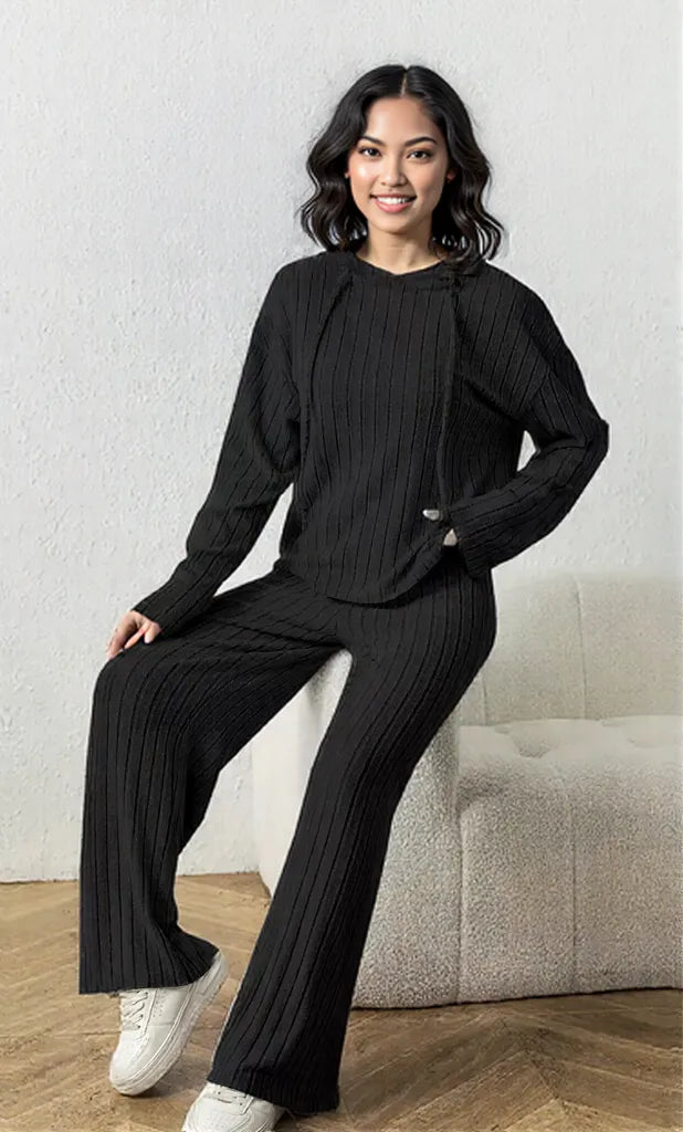 Ribbed Drawstring Hoodie and Pants Set