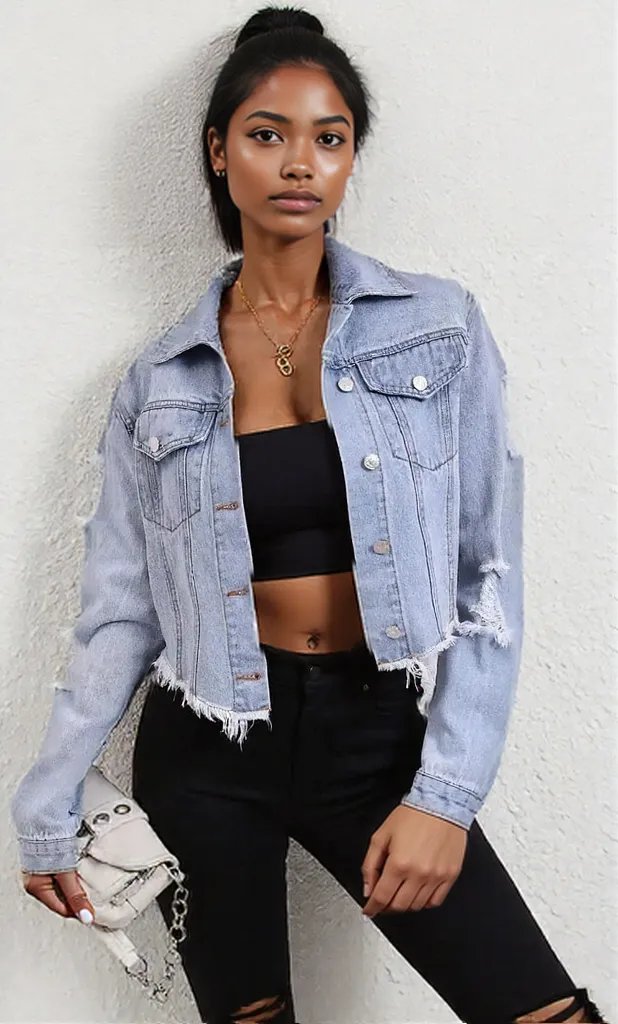 Distressed Raw Hem Button Up Denim Jacket Misty Blue
