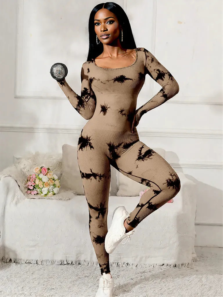 Scoop Neck Long Sleeve Active Jumpsuit Taupe